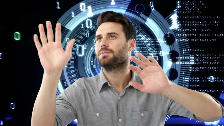Composizione digitale di un uomo in un mondo cibernetico