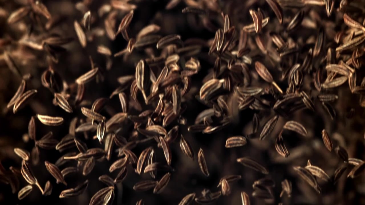 Cumin Seeds Falling in Slow Motion Against a Black Background