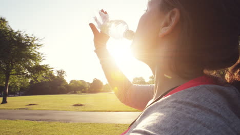 mujer de fitness bebiendo agua al aire libre en el parque