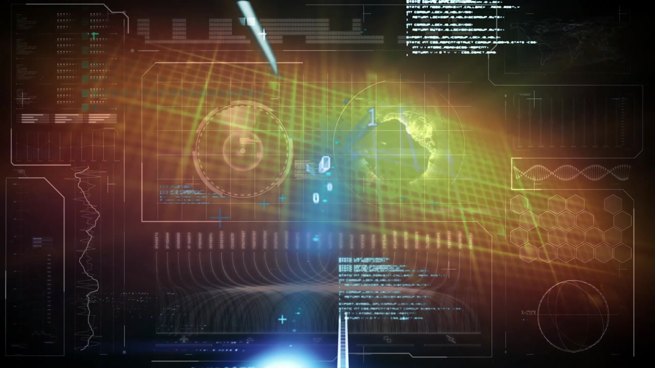 Grid appearing triggers white tracer rod sliding past pulsing beam to update holographic code panel