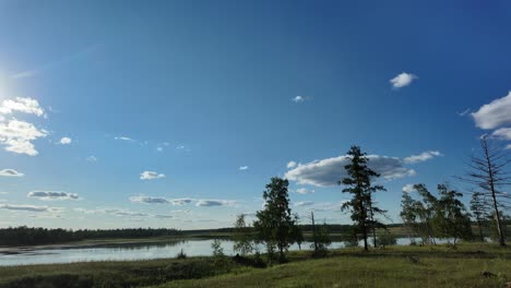 a breathtaking view of calm waters reflecting the vibrant blue sky, with scattered clouds and lush greenery framing the landscape in yakutia