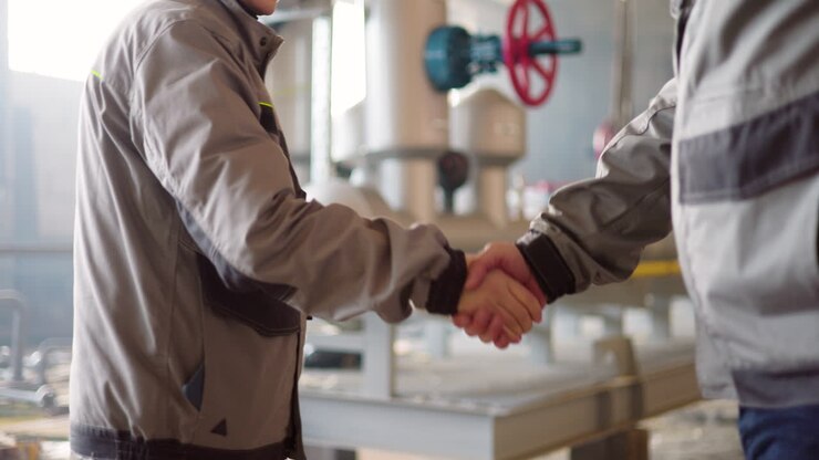 Two workers handshaking