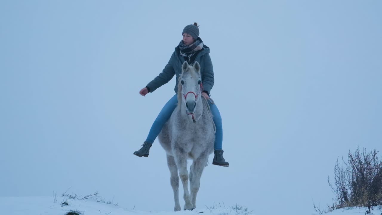 una mujer blanca está montada en un caballo blanco y esponjoso en invierno, cámara lenta, vista delantera