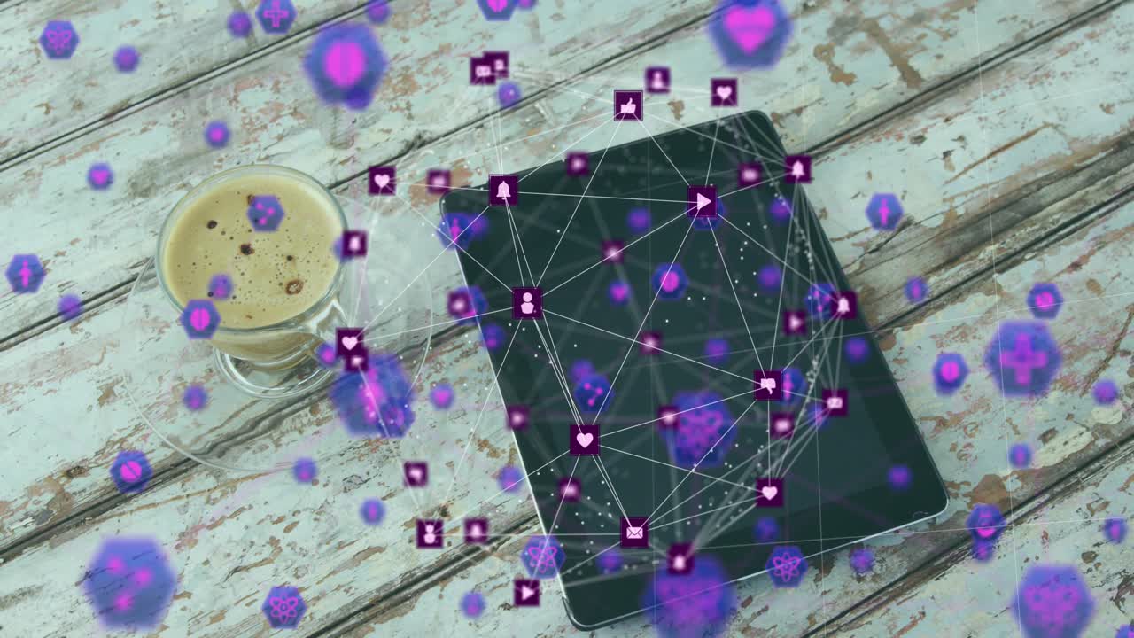 Animation of icons and connected icons forming globe over coffee and digital tablet on table