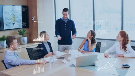 discussing strategy, business team analyzing data with animation overlay in meeting