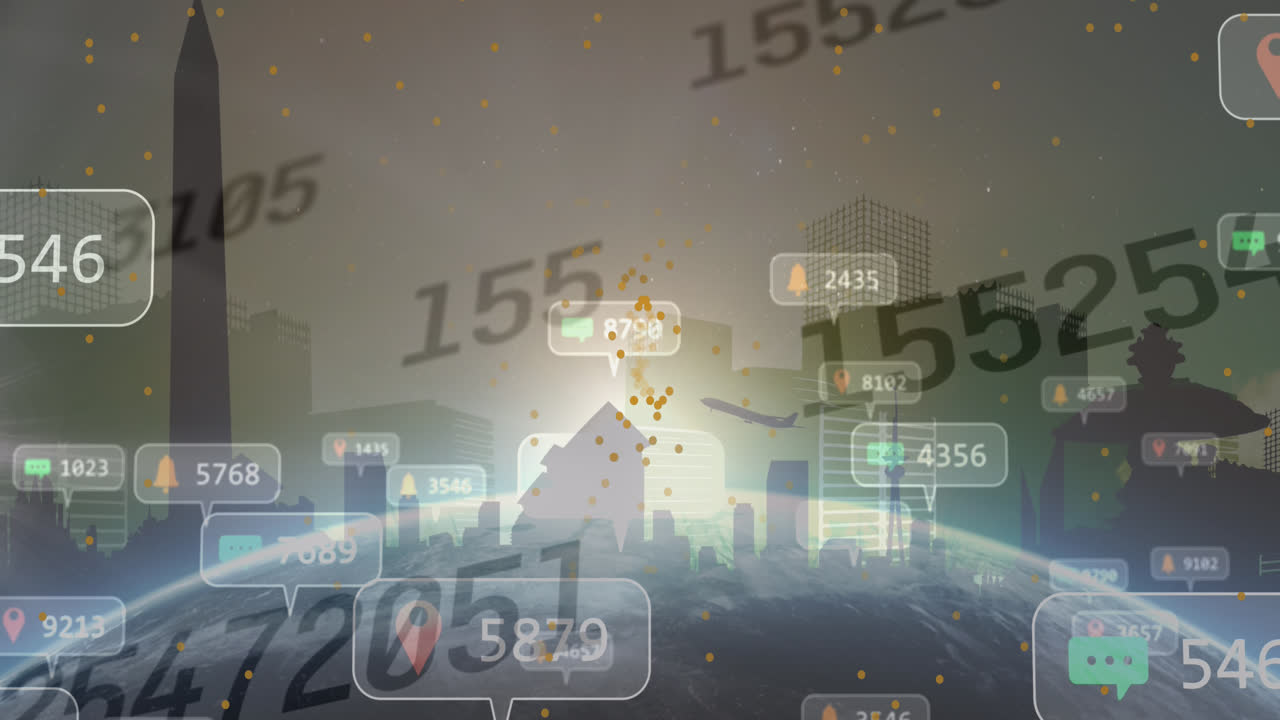 도시 풍경 위의 숫자 및 소셜 미디어 아이콘의 애니메이션