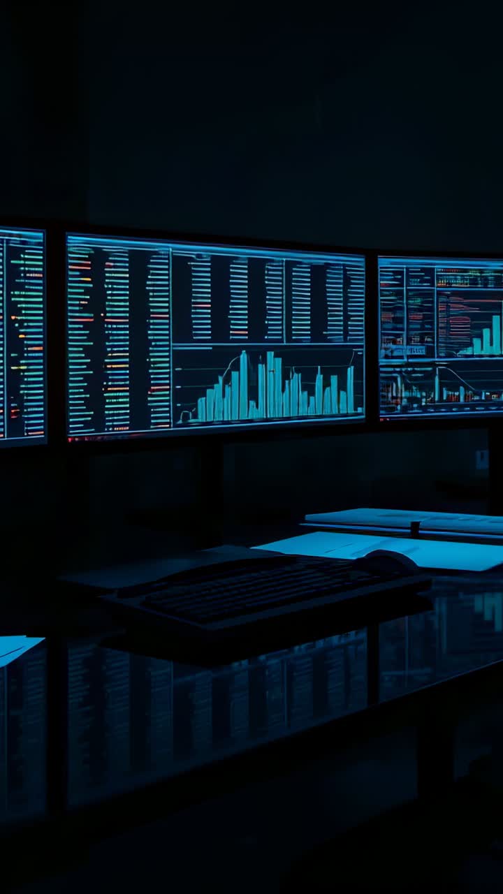 Vertical video: Updating live data feeds on three monitors at dark desk, with keyboard and papers