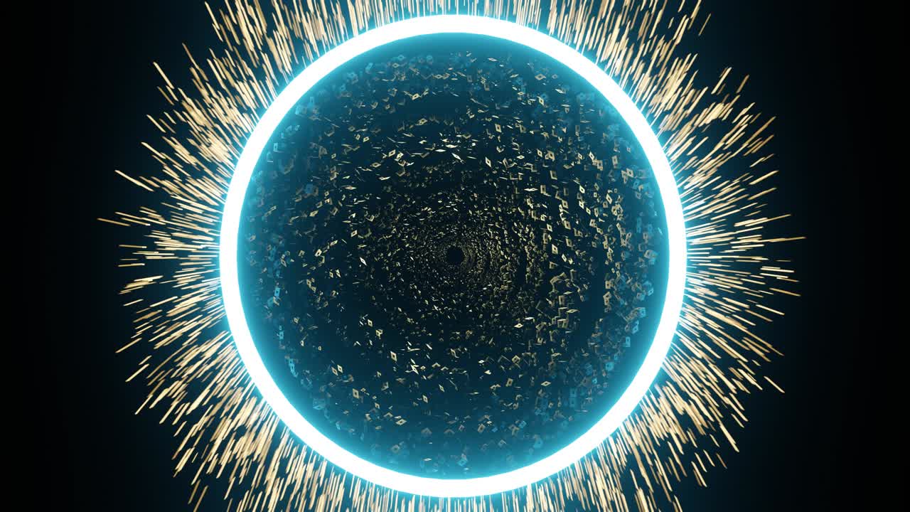 알 수 없는 곳으로 가는 추상적인 포털, 노란 반이 있는 에너지 파란 반지, 배경