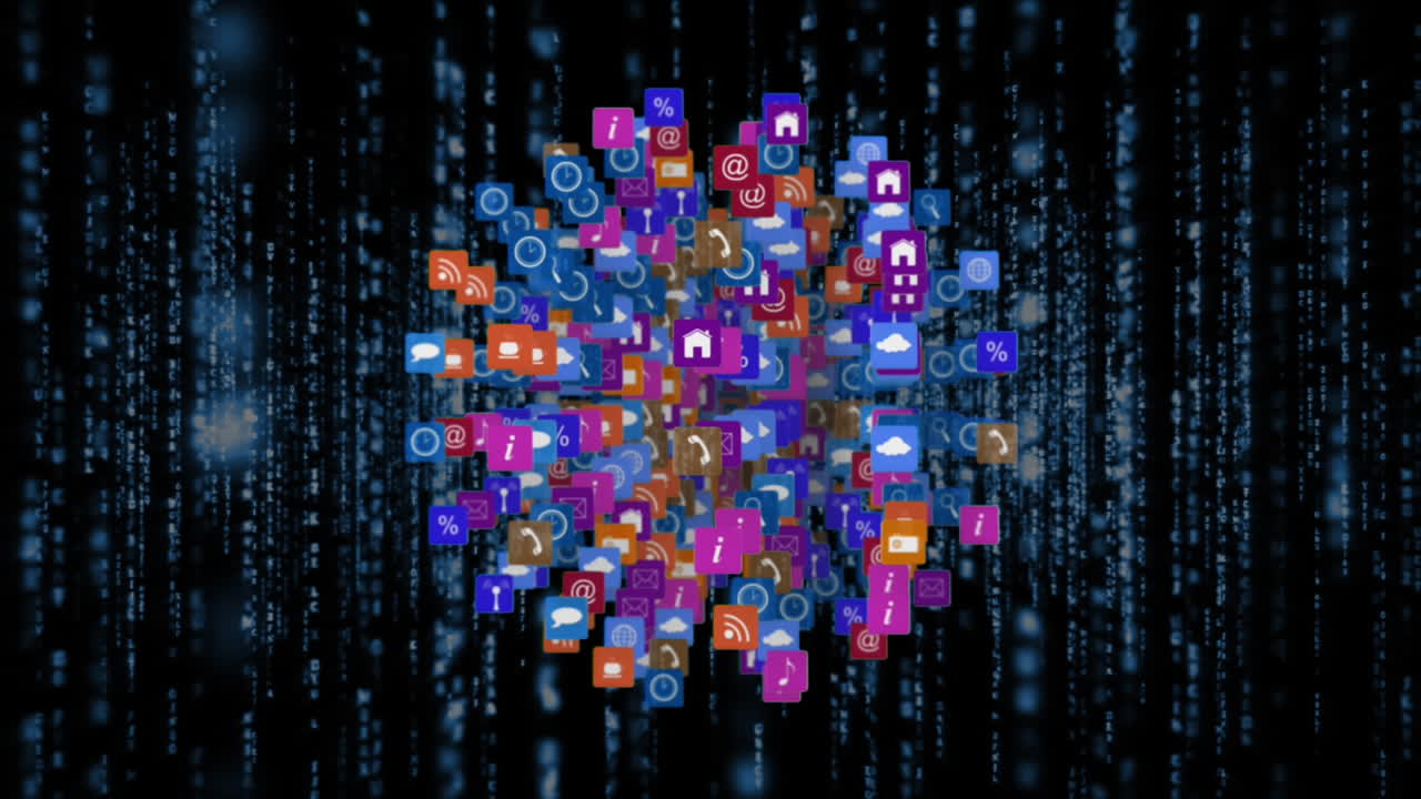 animación de iconos de internet y símbolos para las redes sociales en forma de globo terráqueo