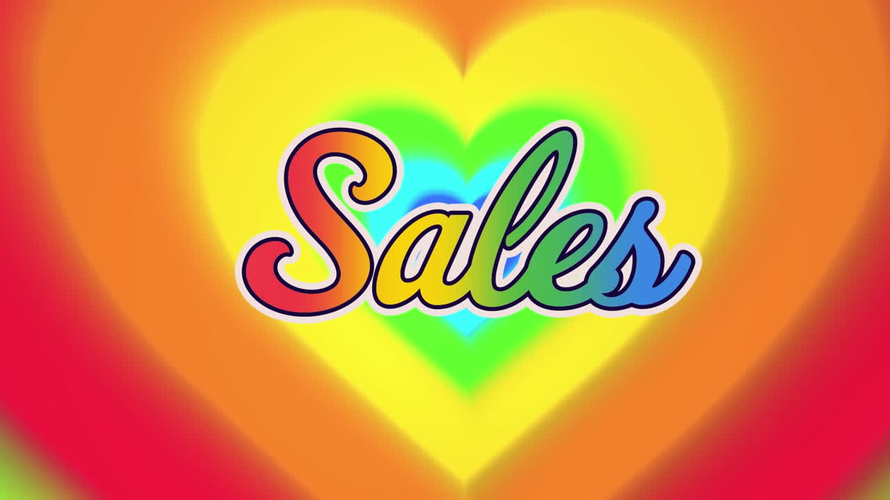 animación del texto de ventas sobre el fondo del corazón arco iris.