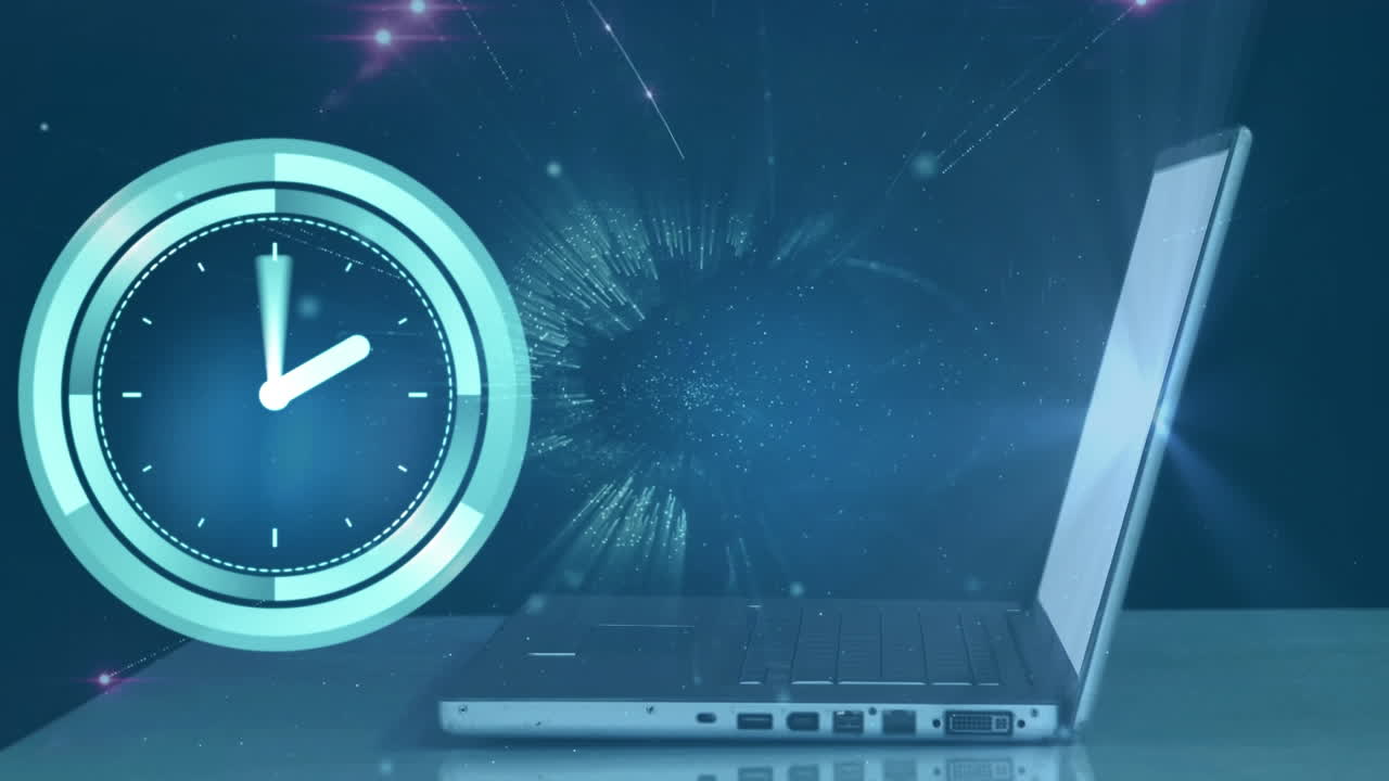 animación del reloj con redes de conexiones a través de computadora portátil