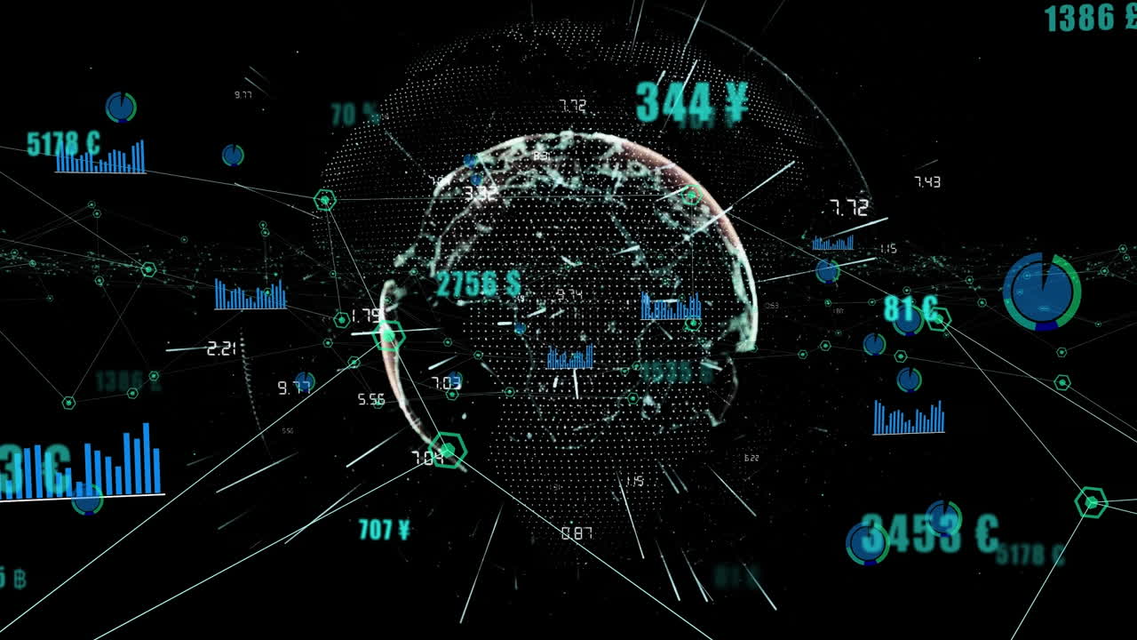 Animation of network of digital icons against light trails over spinning globe on black background