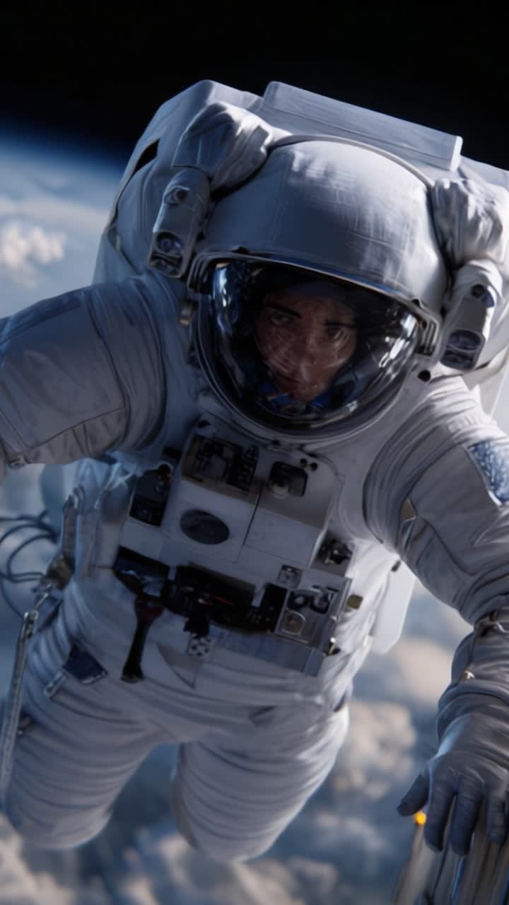 A lone astronaut floats in the vastness of space, capturing the awe of human exploration and the beauty of Earth from above, clad in a high-tech spacesuit