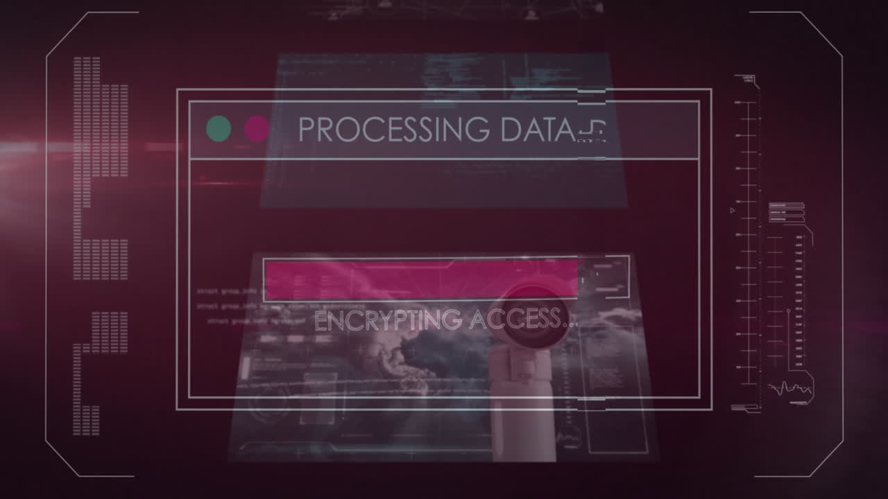 Animation of glitch effect over interface with data processing and light spot on black background