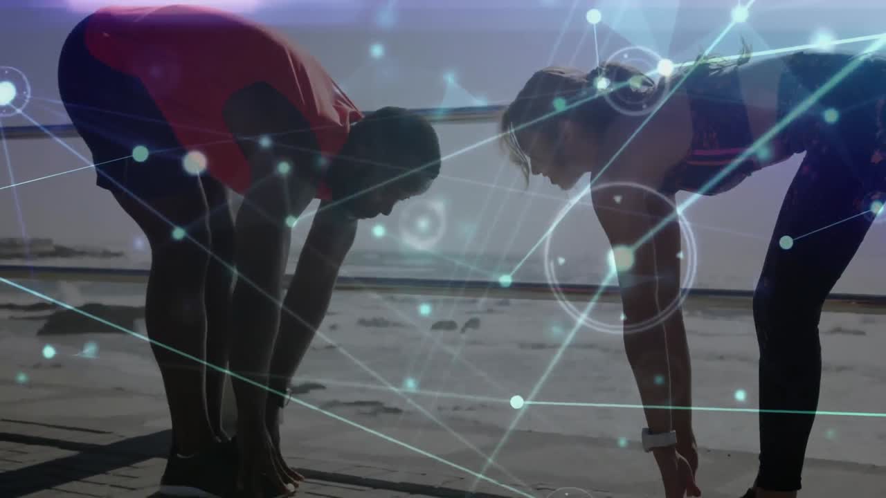 animación de la red de conexiones sobre mujeres y hombres que hacen ejercicio al aire libre
