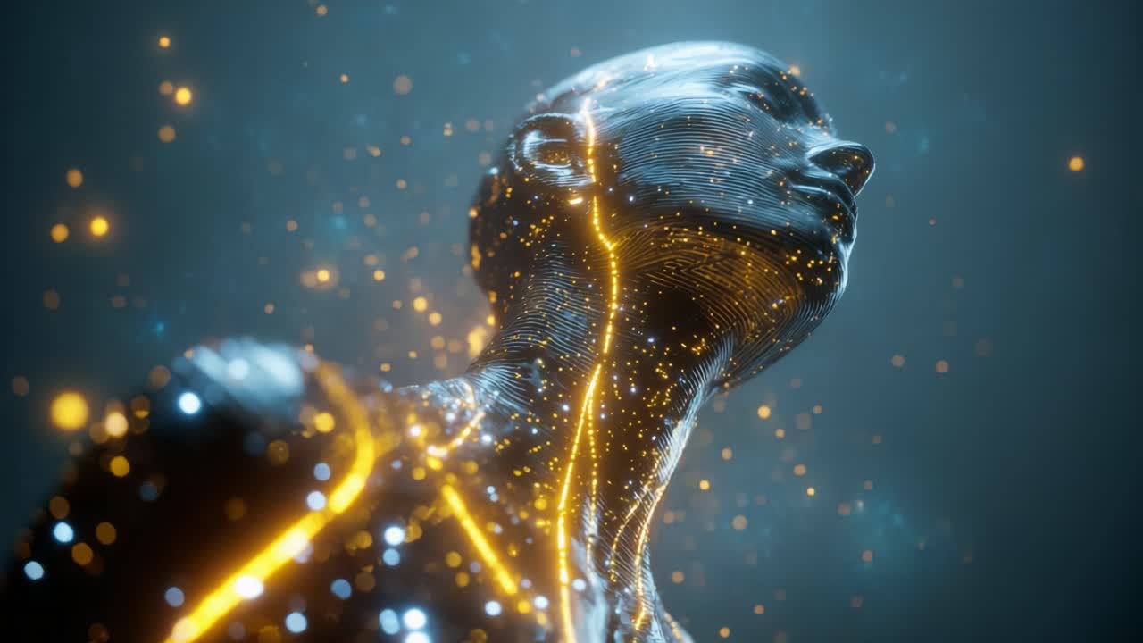 An ethereal representation of a futuristic humanoid figure, showcasing intricate designs with glowing patterns and shimmering particles illuminating the form against a dark backdrop