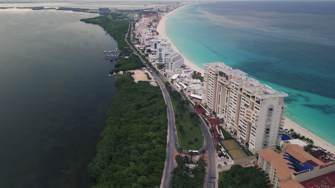 aerial of Cancun Mexico riviera Maya Coastal Beach with Blue Turquoise Waters at Mexico's Famous Tourist Landmarks for Vacation and Holidaymakers