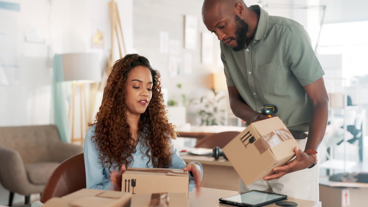 Delivery boxes, black woman shipping package