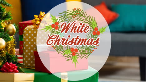 animation of white christmas text over presents in background