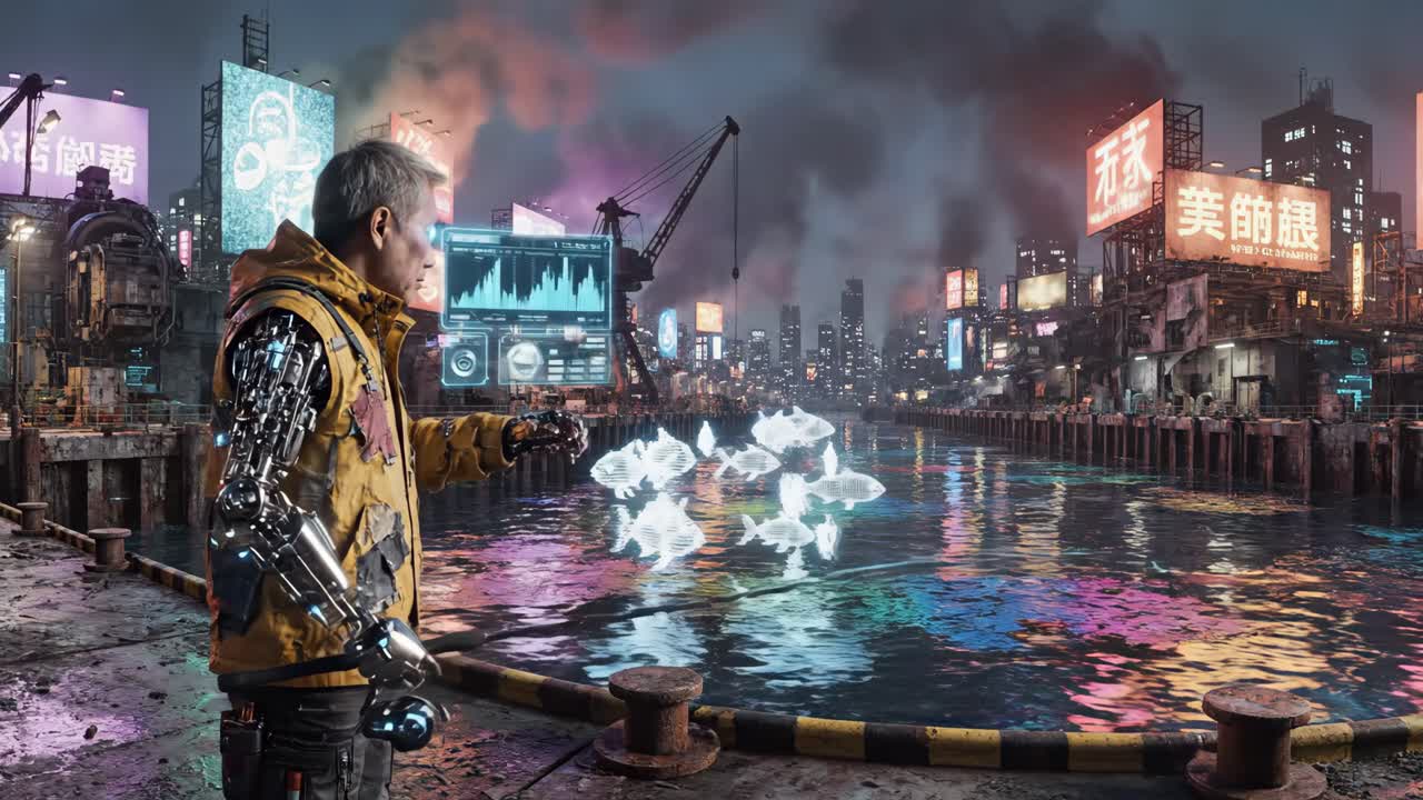 Cyberpunk Angler in a Futuristic Cityscape