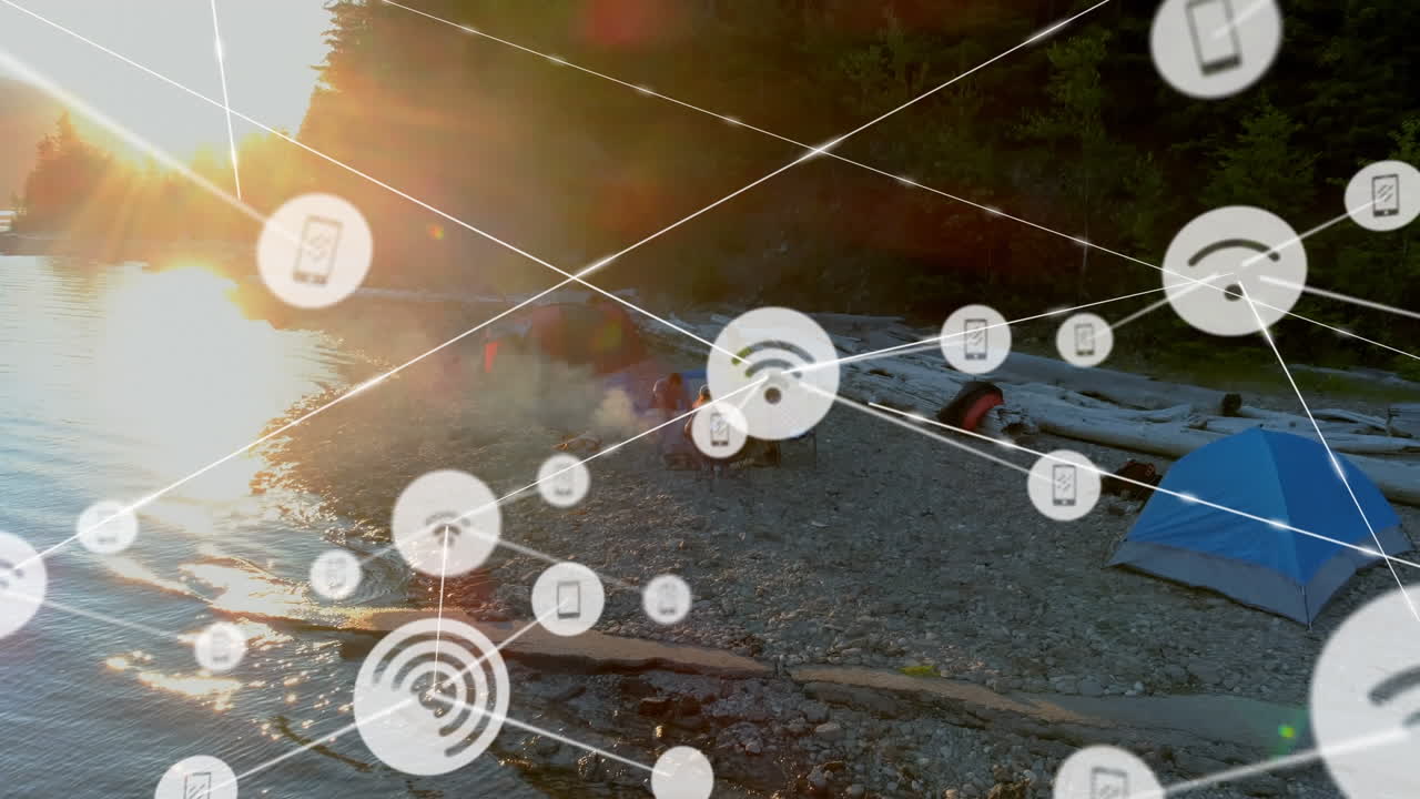 animación de la red de conexión e iconos sobre las personas en el campamento