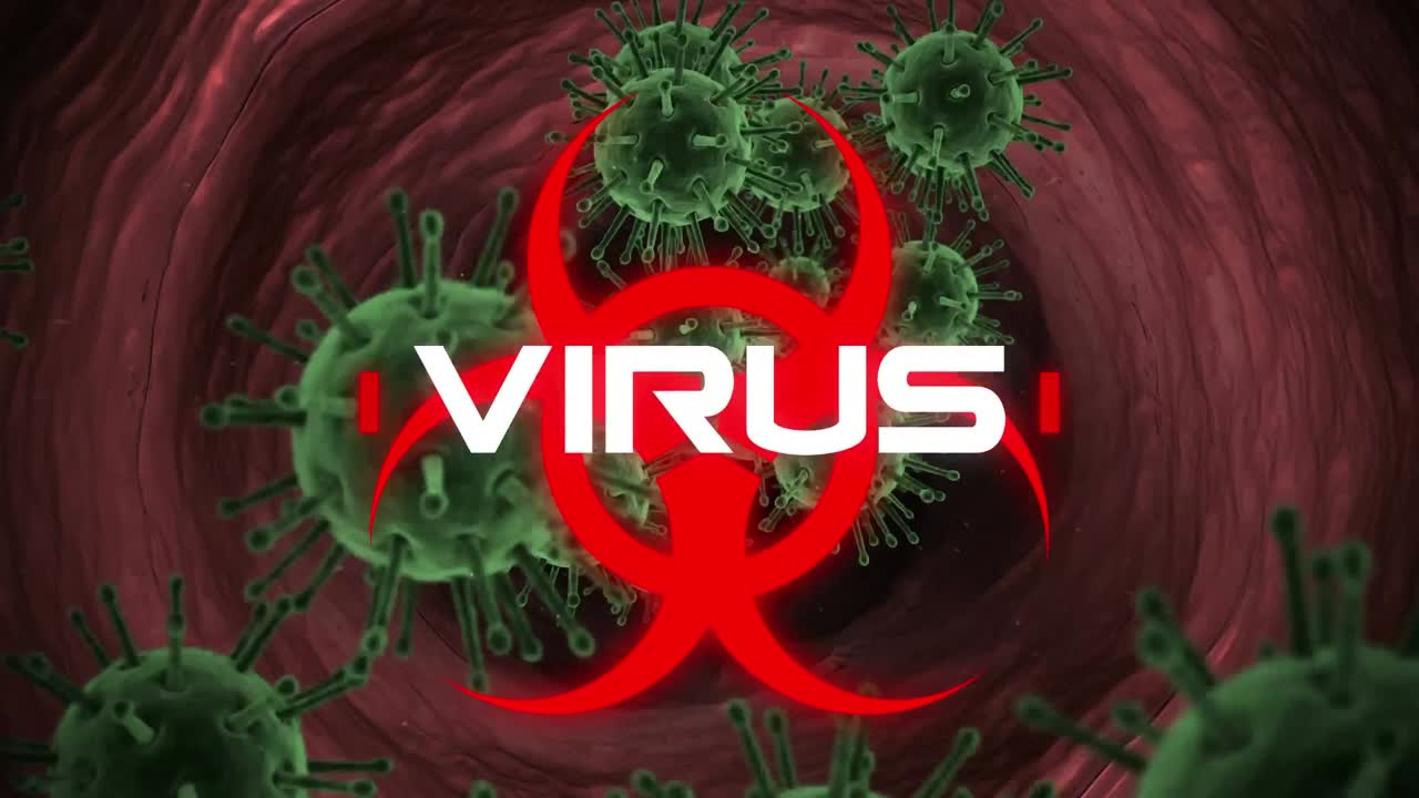 знак опасности с текстом вируса на фоне модели горла