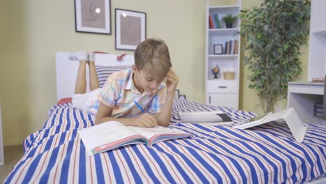 thoughtful boy doing homework.