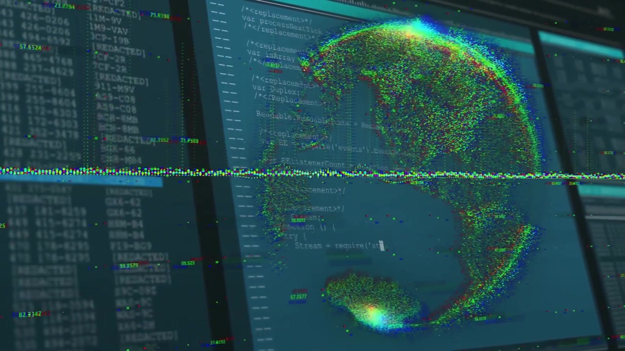 Faint band revealing rotating point cloud sphere on screen while log and code updating for security