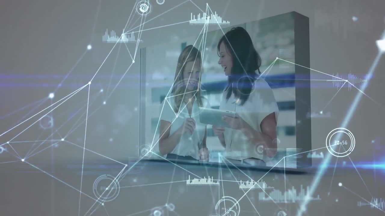 점과 점이 연결된 점의 애니메이션, 동료들이 박수를 치고, 이야기하고 기술을 사용하는 그래프