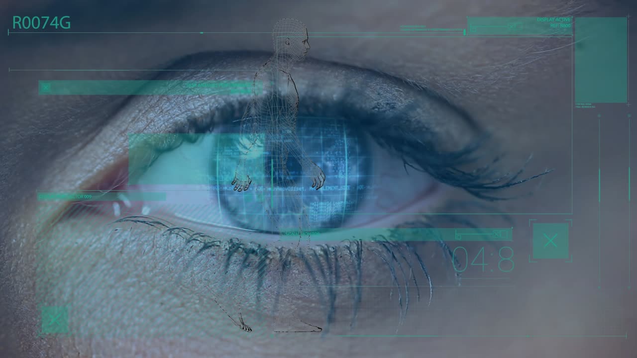 Animation of data processing over eye of woman