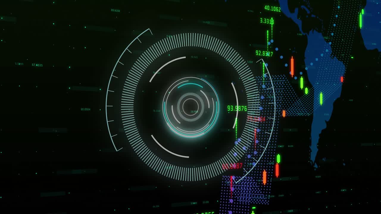 금융 데이터 처리 및 세계 지도를 스캔하는 범위의 애니메이션