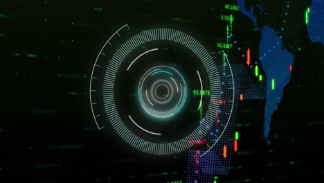 animation of financial data processing and scope scanning over world map