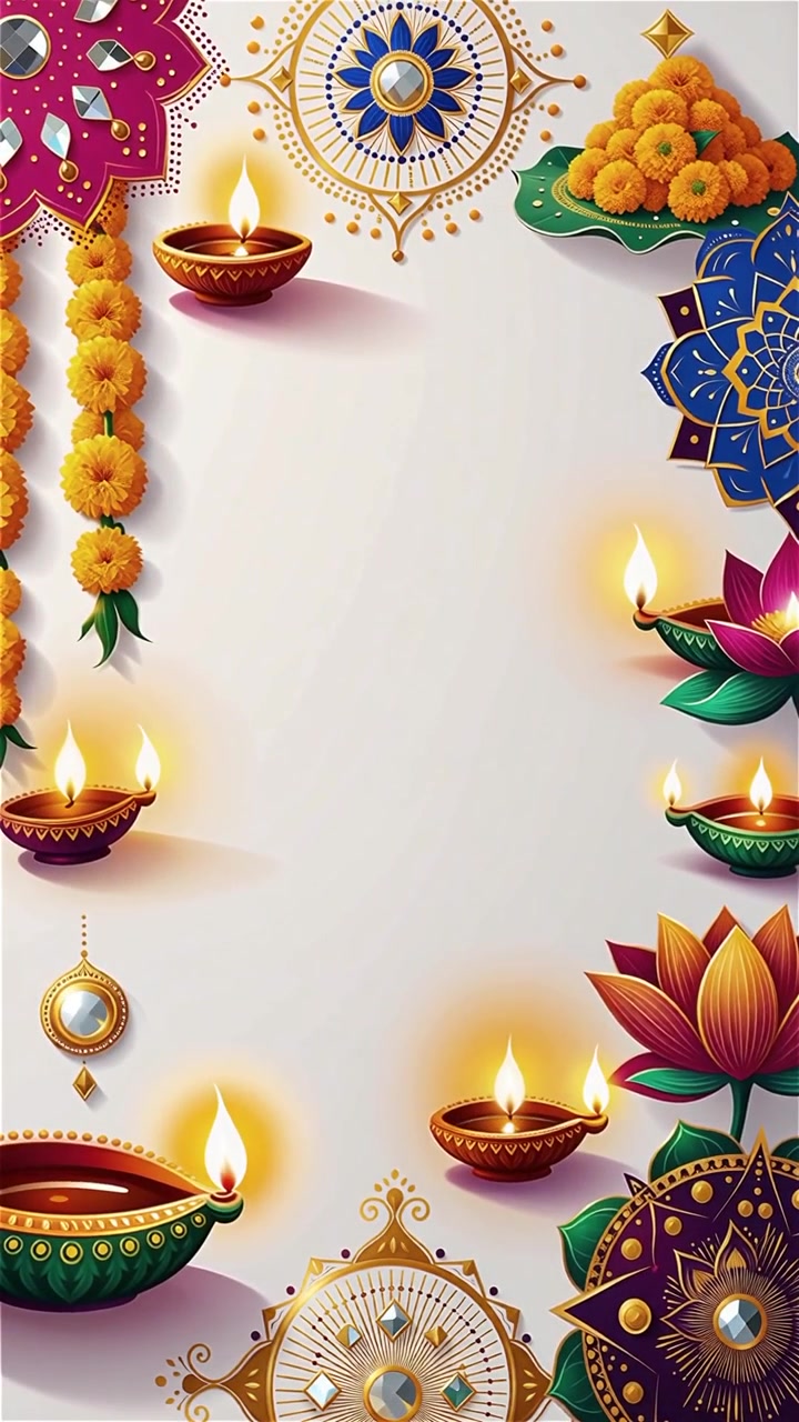 Sfondo Diwali con Diyas luminosi, Rangoli e fiori di loto