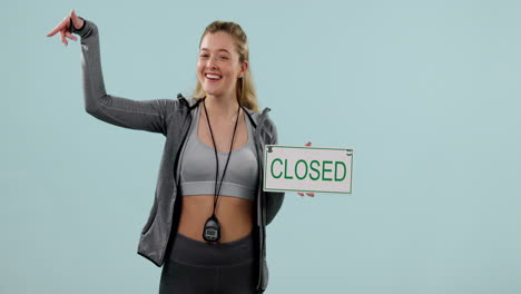 fitness, personal trainer and closed sign