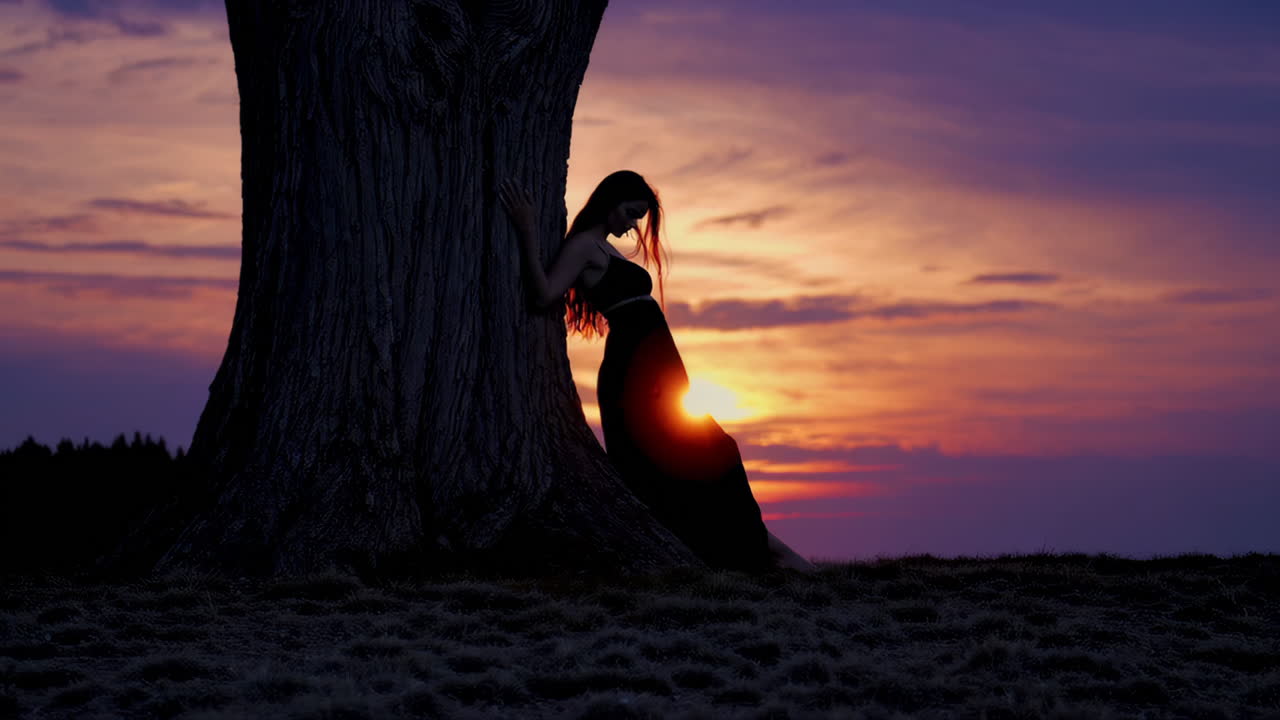 Woman by Tree at Sunset Silhouette