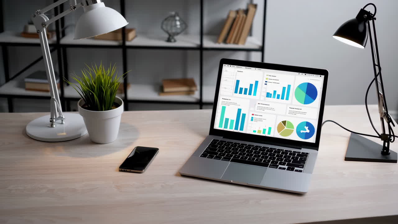 Laptop displaying data analytics on a modern desk setup