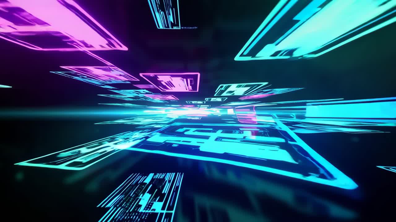 Futuristic video concept with neon blue and pink digital panels