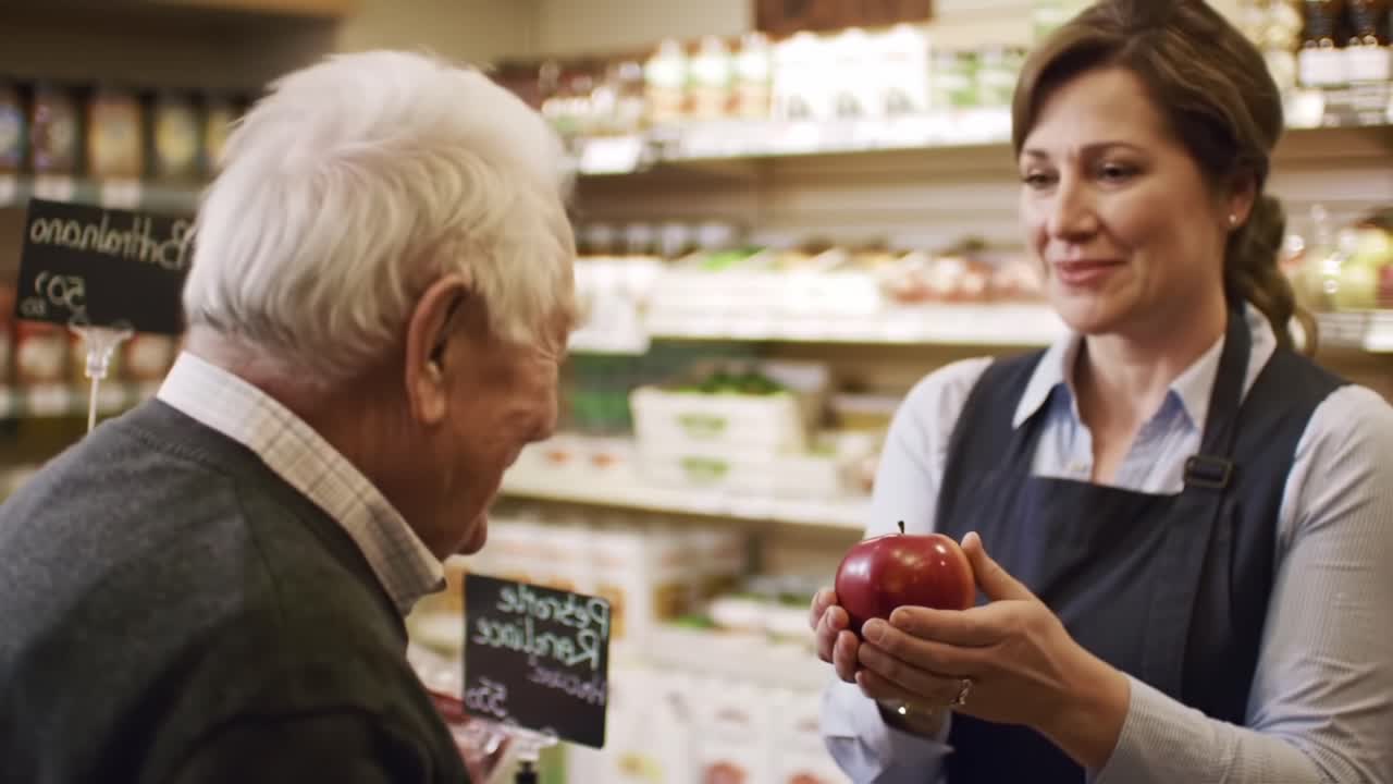 A Welcoming Grocery Encounter: A Warm Interaction Between an Elderly Customer and a Friendly Store Clerk in a Vibrant Food Market Setting