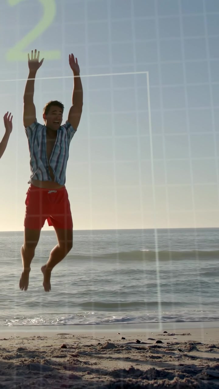 Vídeo vertical: Homem reagindo a grade de contagem regressiva e saltando na praia para fitness.