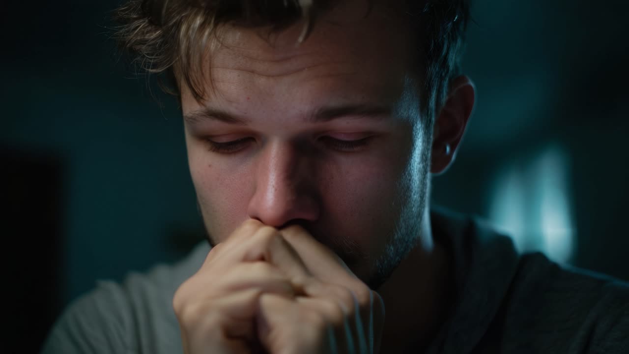 Um jovem em profunda reflexão, ponderando sobre lutas emocionais, capturado em um close-up que exibe sua expressão pensativa e intensa contemplação de conflitos internos.