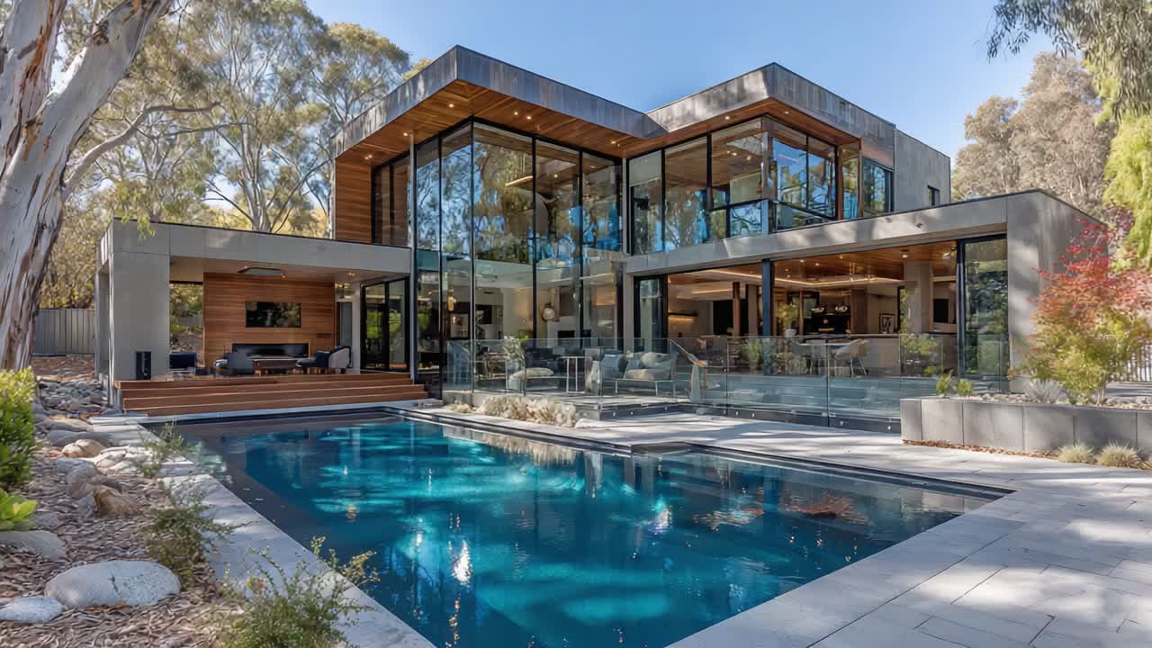 Design arquitetônico moderno impressionante de uma casa luxuosa com grandes fachadas de vidro com vista para uma piscina serena, cercada por paisagismo exuberante sob luz natural brilhante