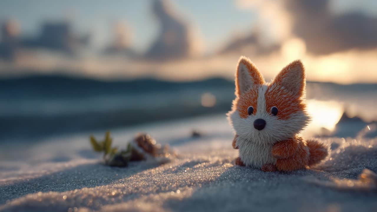 Um Adorável Brinquedo de Raposa de Pelúcia Contemplando a Vida na Costa, Banhado pela Quente Luz do Pôr do Sol, com Vibrações Costeiras e Suaves Ondas do Oceano ao Fundo