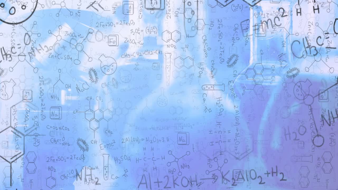 Digital animation of chemical structures and equations floating against blue background