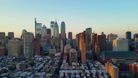 beautiful philadelphia downtown, golden hour orbit, aerial