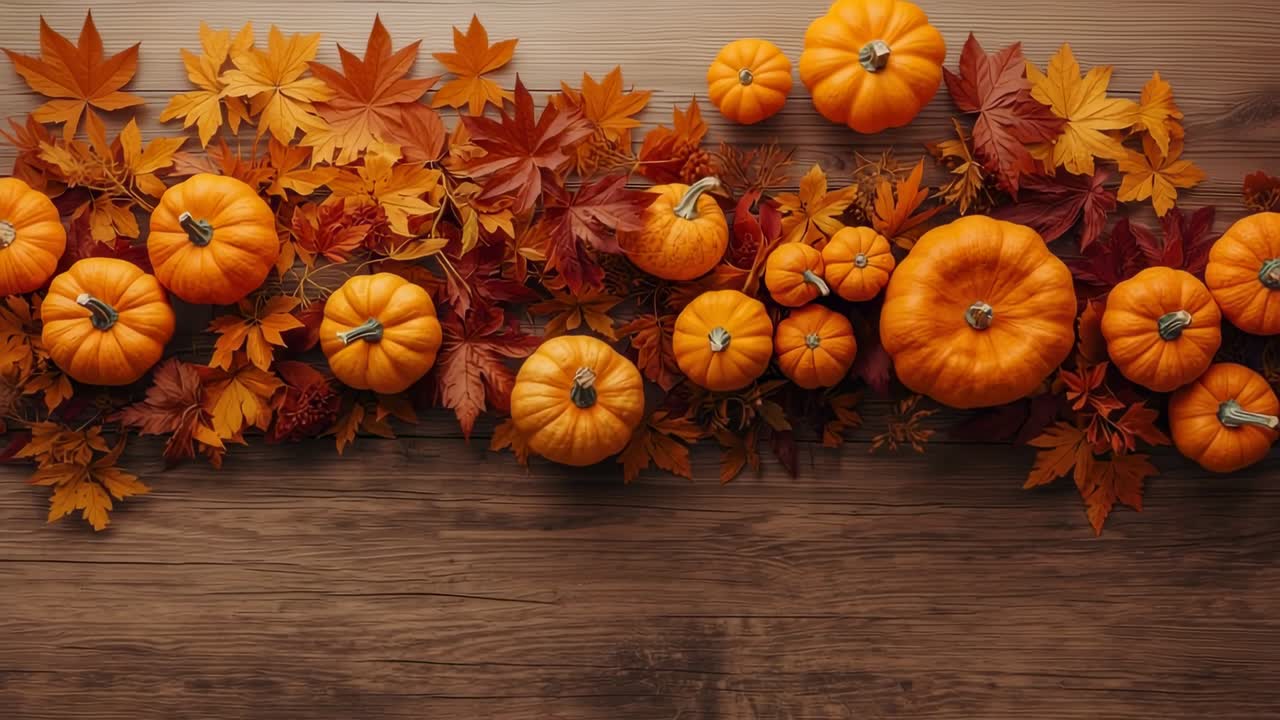 Shifting autumnal display descending across wooden tabletop after opening, with pumpkins, leaves