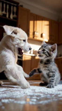 puppy and kitten playtime in the kitchen