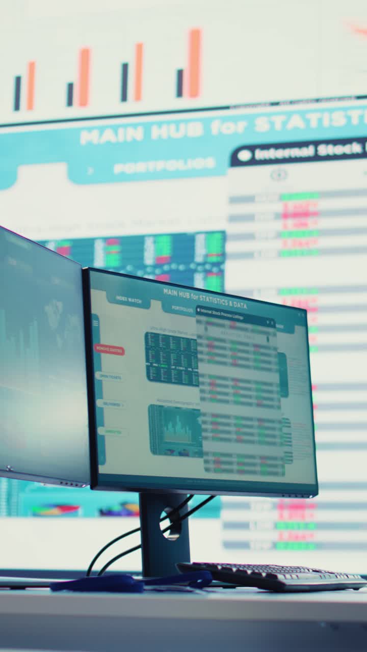 Computer Monitors Displaying Financial Data and Stock Market Charts