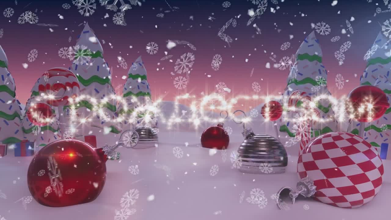 feliz navidad en texto ruso y nieve cayendo sobre las decoraciones de navidad en el paisaje de invierno