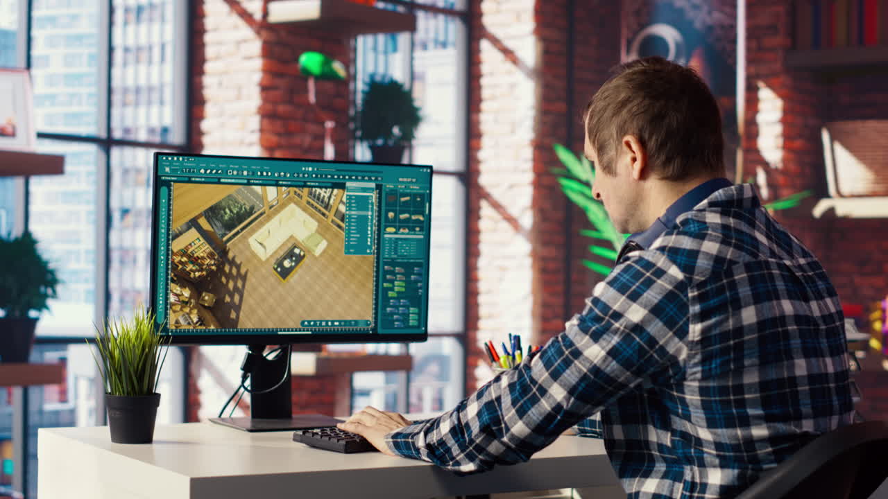 Freelancer working from home moving assets in 3D modeling program