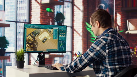 freelancer trabajando desde casa moviendo activos en programa de modelado 3d